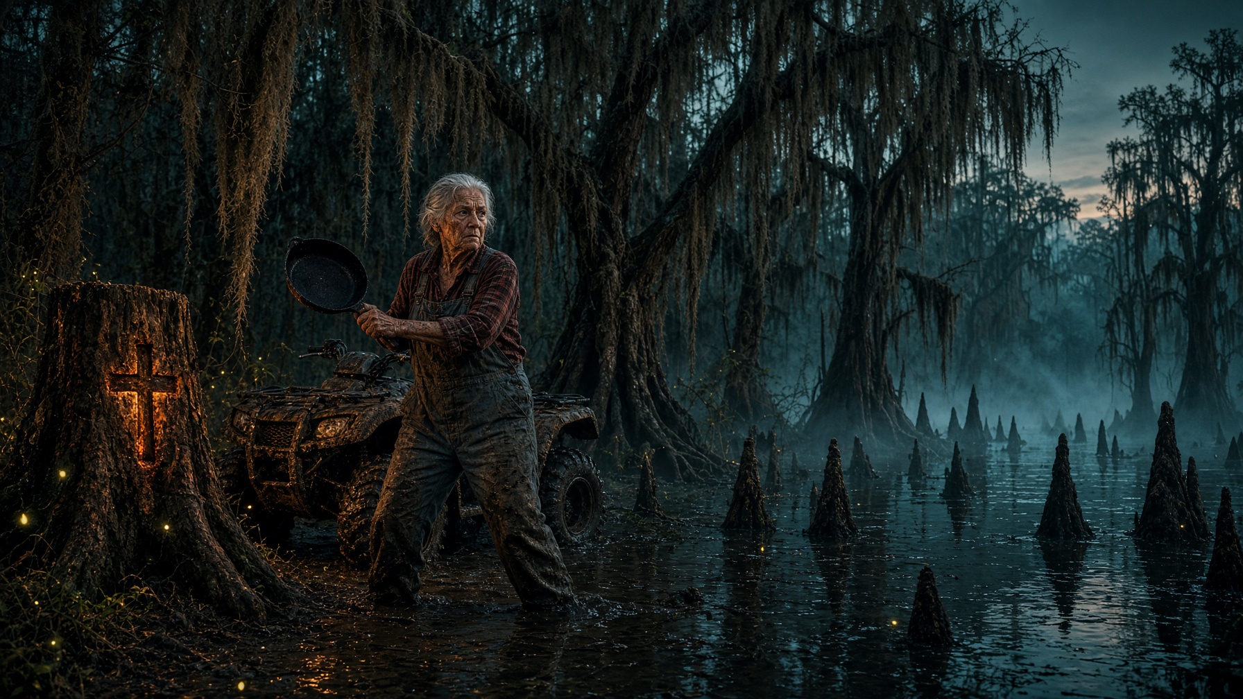 Mud swamp with a grandmother, an ATV, and a glowing cross.