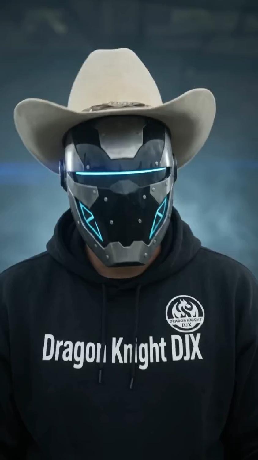 Dragon Knight DJX in the white cowboy hat, glowing cyan mask, and brand hoodie
